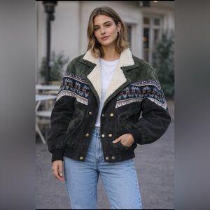 Vintage 90’s Telina Women’s Aztec Southwestern Suede Sherpa Collar Bomber Jacket